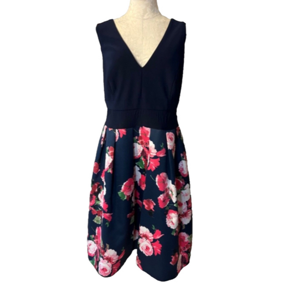 XScape A Line Dress 16W Navy Blue Floral Stretch Career Church Wedding Party - Picture 1 of 10